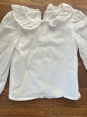 Rachel White Long-Sleeve Swiss Dot Top with Ruffled Collar